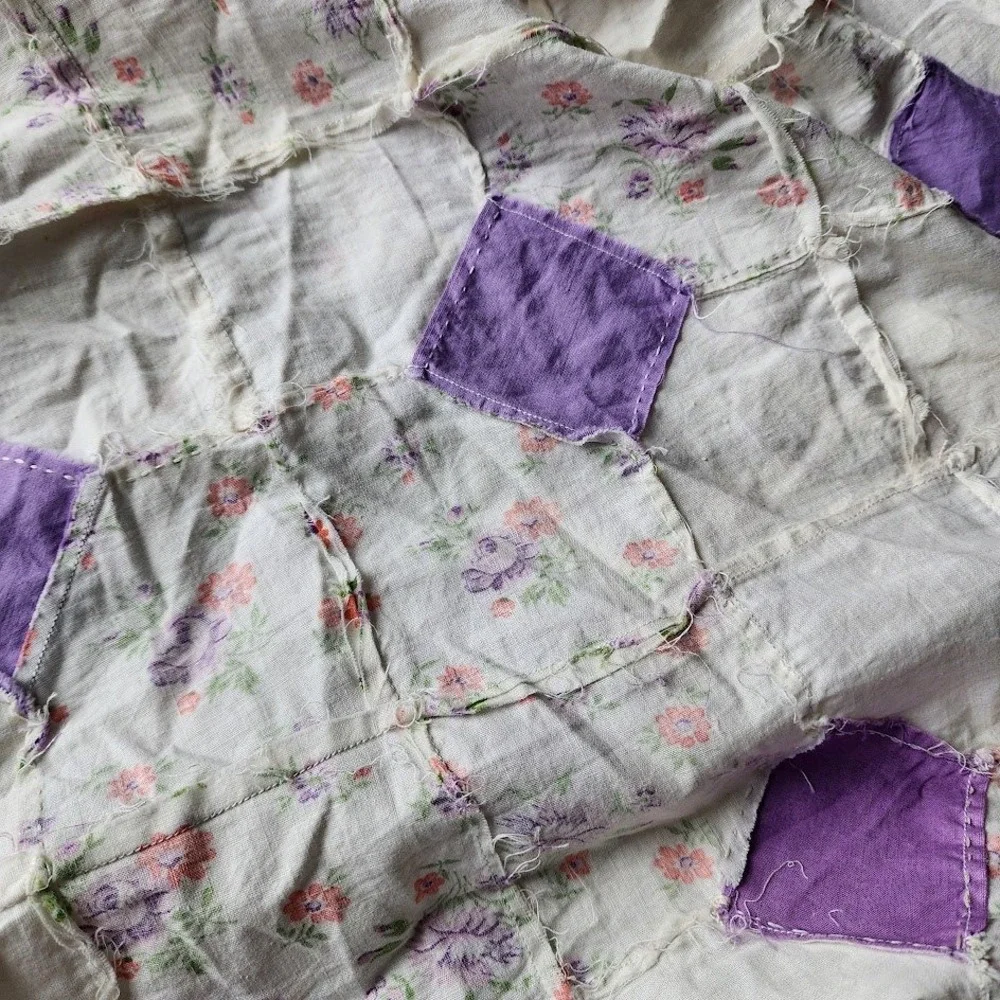 VINTAGE Handmade Patchwork Quilt Top Unfinished Purple Bow Tie Floral 38x92